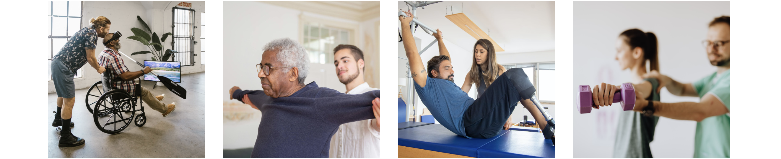 A collage of 4 images each showing a patient doing physical therapy under the guidance of a therapist.